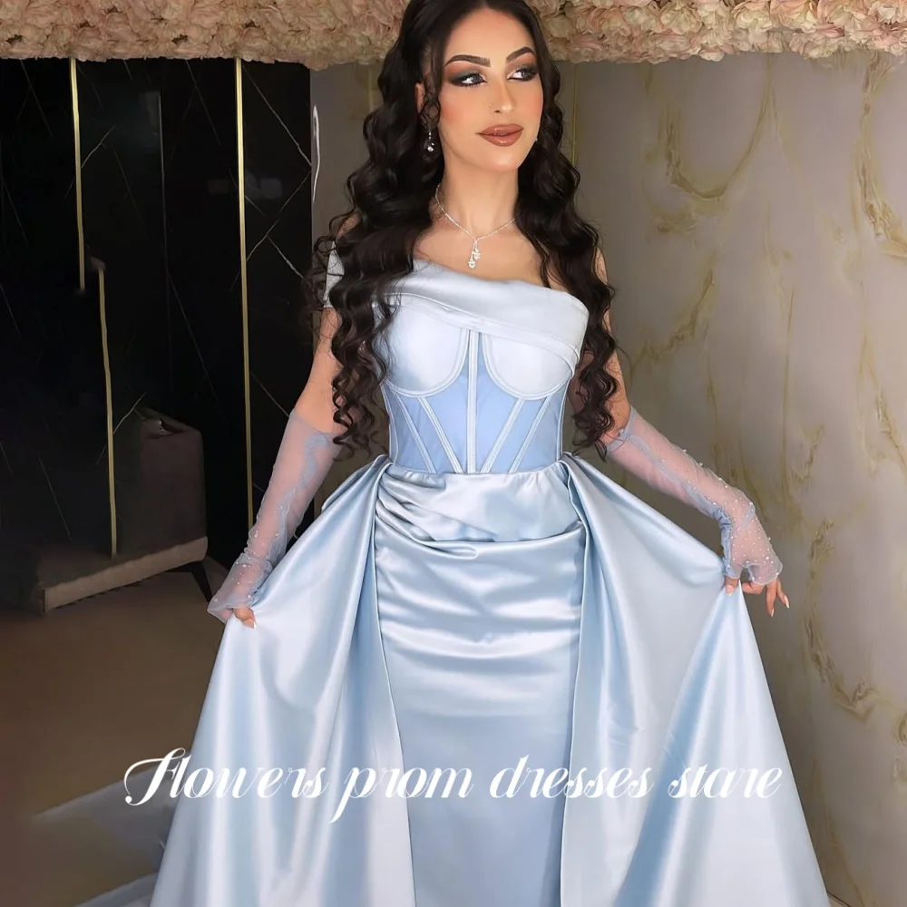 

Flowers Sky Blue A-line Party Dress One Shoulder Evening Dress Pleats Celebrity Dresses for Women vestidos de novia Customized