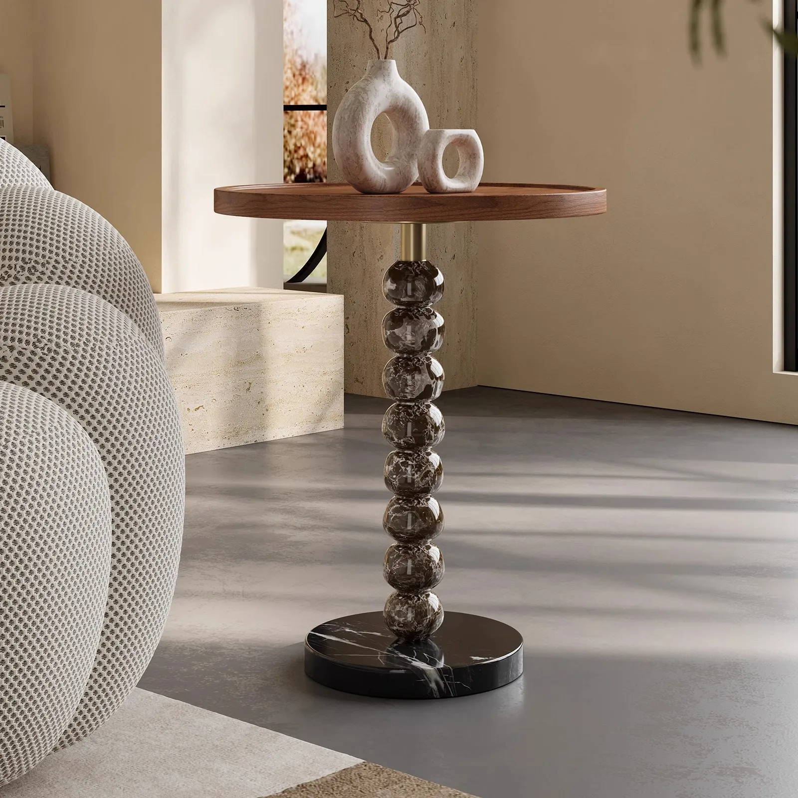 Natural stone sofa edge table creative movable marble small coffee table round high sense