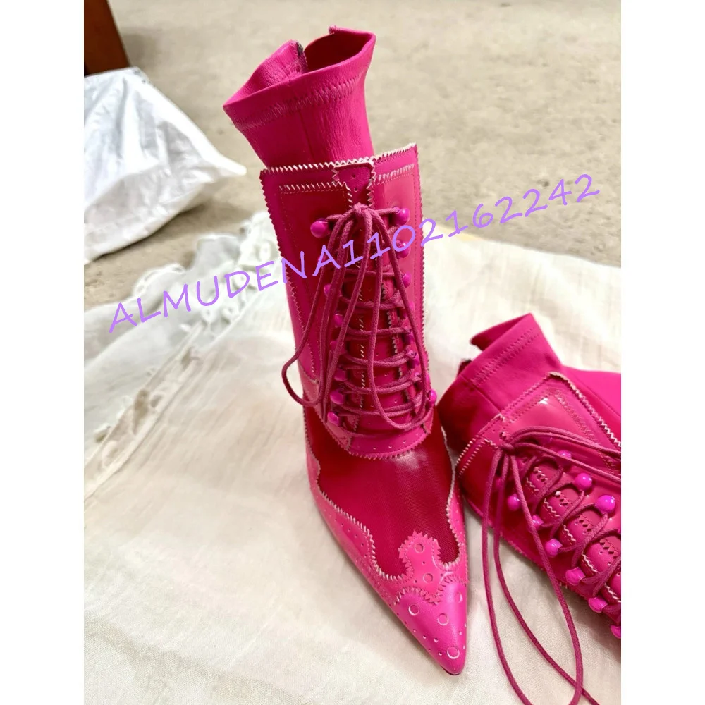 Women Pink Mesh Spliced Ankle Boots Pointed Toe Front Lace Up Back Zipper Thin Stiletto Heel Club Party Ladies Heeled Footwear