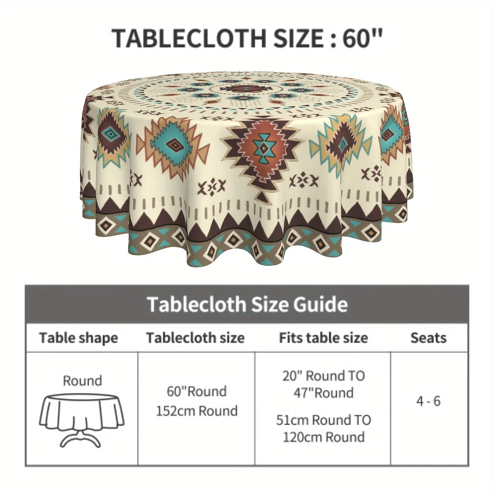 1PC Tablecloth, Southwest Aztec Round Tablecloth 152.4 Cm, Geometric Tribal Ethnic Pattern Vintage Style, Boho Chic Washable Rou