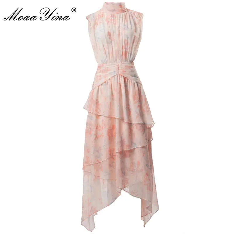 

MoaaYina Fashion Designer dress Summer Women's Dress Stand Collar Sleeveless Flower Print Ruffled Asymmetry Gorgeous Dresses