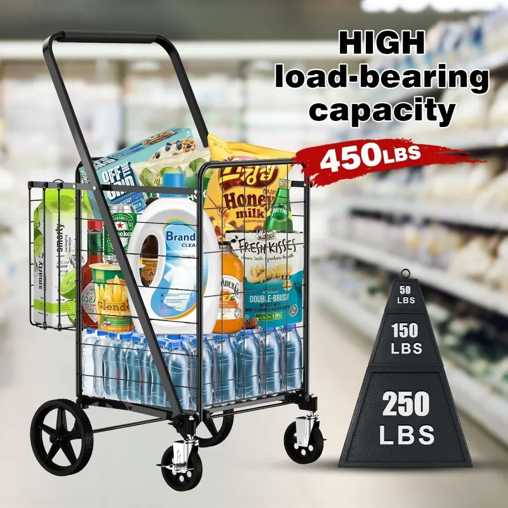 Folding Shopping Cart with 360° Rolling Swivel Wheels & Brakes - 4.3ft³ Foldable Grocery Cart with Double Basket & Liner