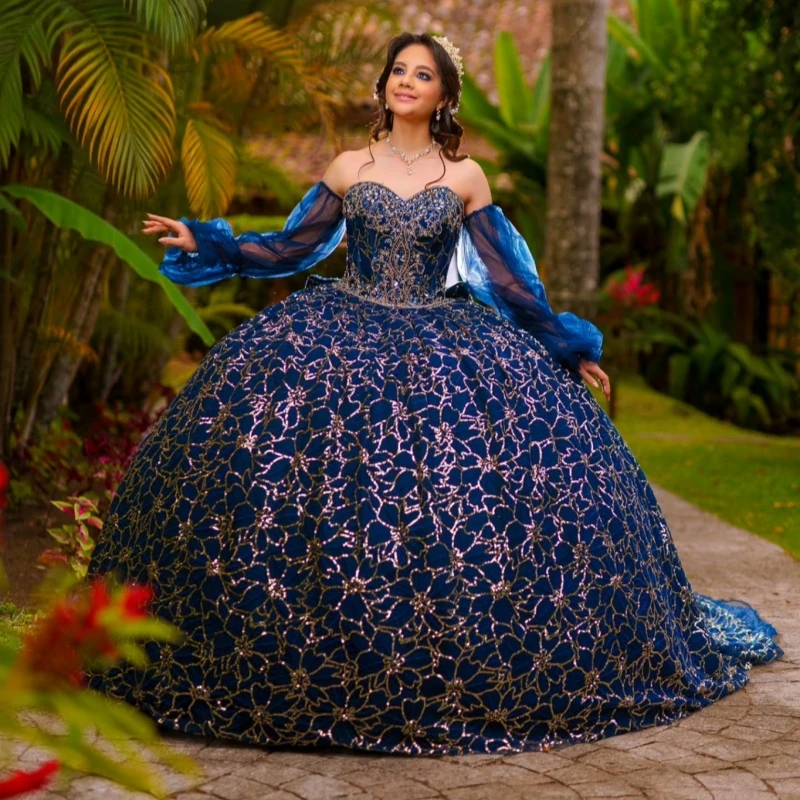 

Navy Blue Quinceanera Dresses Off The Shoulder Sequin Applique Lace Beading Crystal Bow Tull Corset Party Birthday Sweet 16 Dres