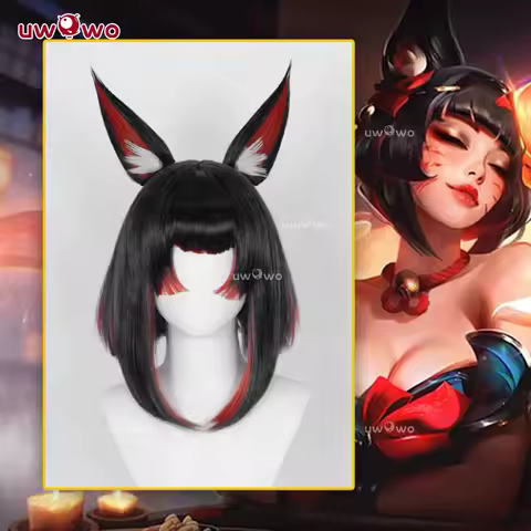 UWOWO Ahri Wig Game LOL: Ahri After Hours Mythic Variant Cosplay Wig With Ears ShortBlack Wig Halloween Wig