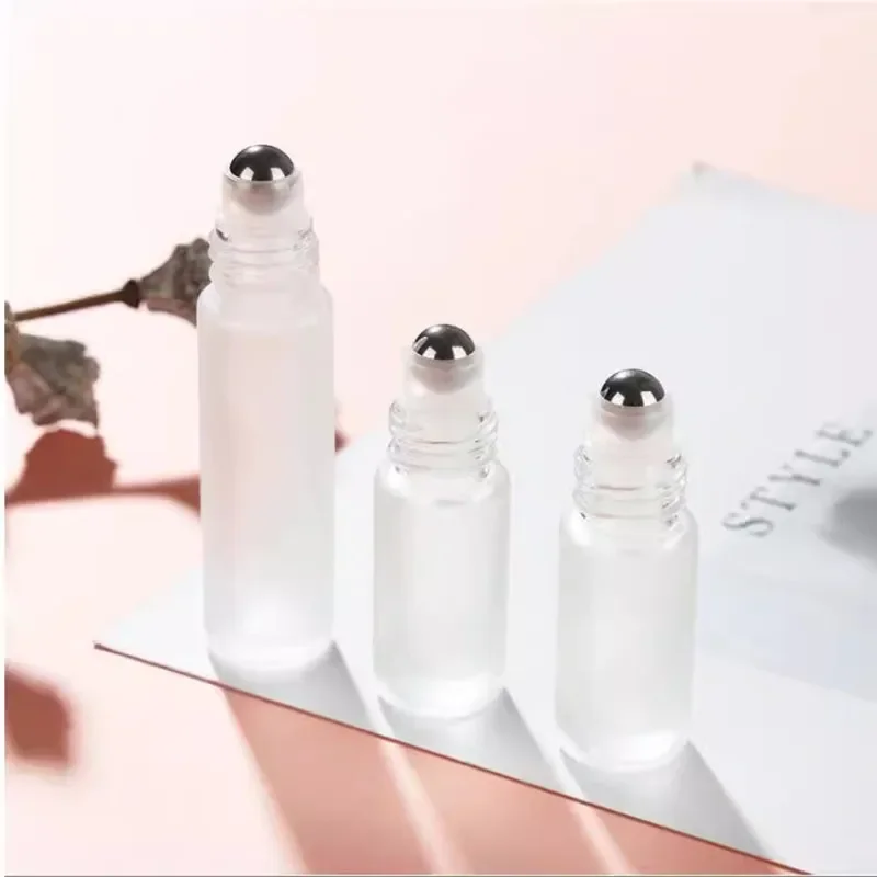 50PCS 10ML Thick Glass Roll On Perfume Bottle Frosted Essential Oil Vials with Stainless Steel Roller Ball and Silver Cap