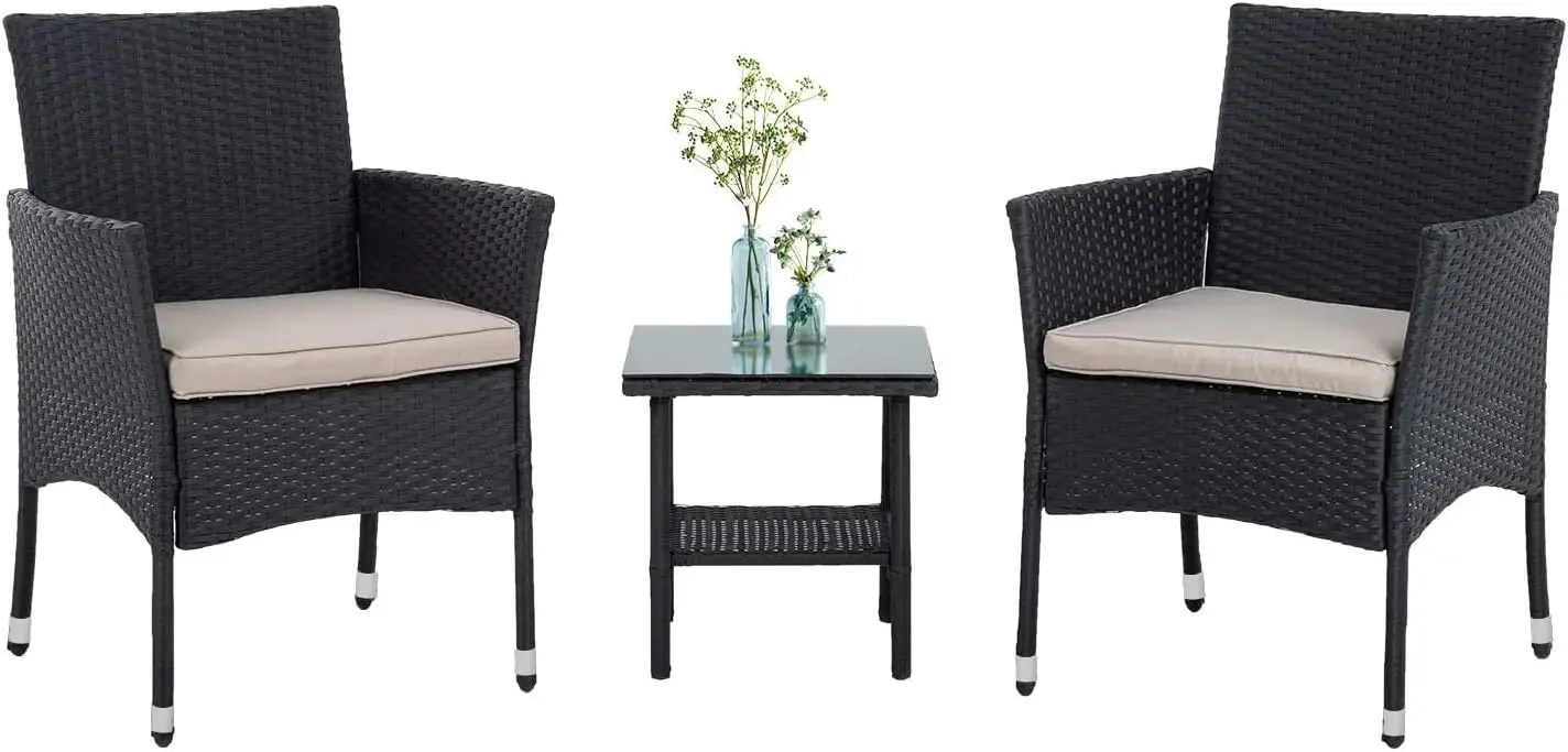

3 Piece Furniture Patio Chairs Wicker Outdoor Rattan Conversation Bistro Set for Backyard Porch Poolside Lawn (Black)