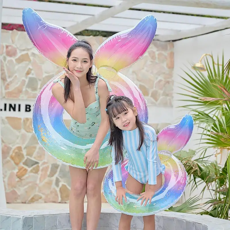 Inflatable Swimming Ring Mermaid Tail Sequin Pool Ring Floating Beach Party Toys For Adult Kids Water Play Tube Swimming Toys