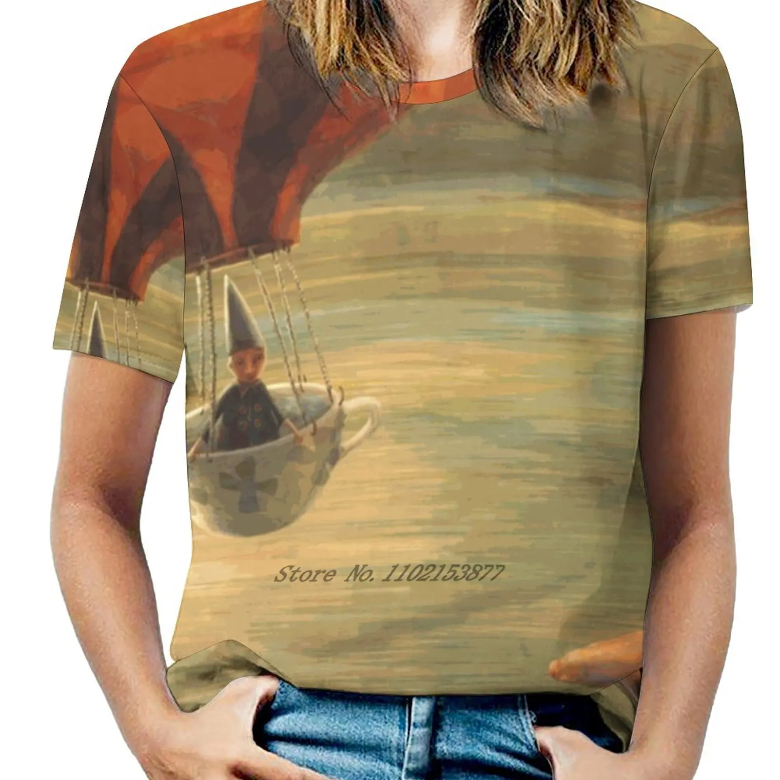 Balão feminino impressão camiseta verão casual topos streetwear t camisa boho senhoras topo balões pessoas xícaras de chá paisagem manhã