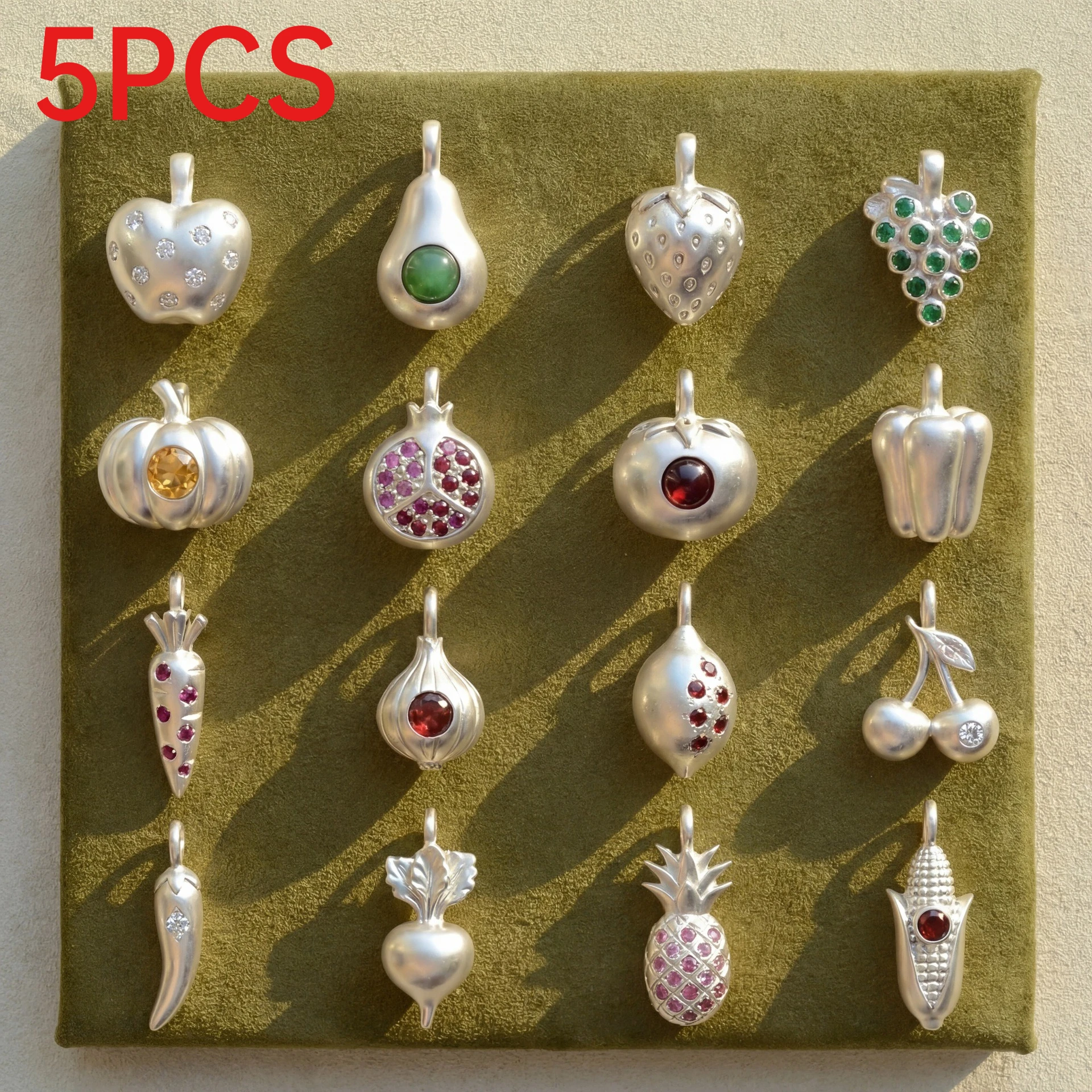 

5Pcs Mini Fruit Vegetable Pendants With Zircon Stone Charms For DIY Handmade Bracelet Necklace Jewelry Accessories