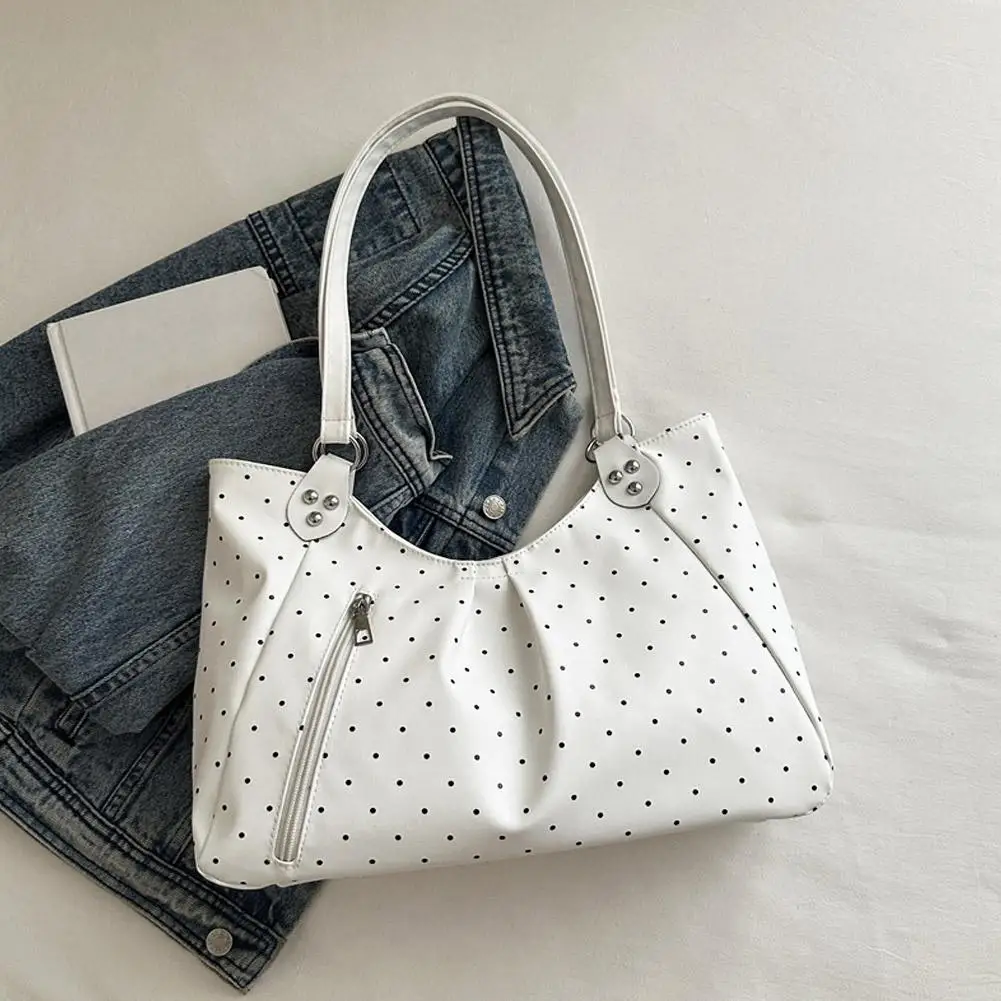 Damen-Umhängetasche, Vintage-Polka-Dot-Design, Pendler-Tragetasche, große Kapazität, PU-Leder-Handtasche, Unterarmtasche für Schule, Büro und den täglichen Gebrauch. – Detail 10