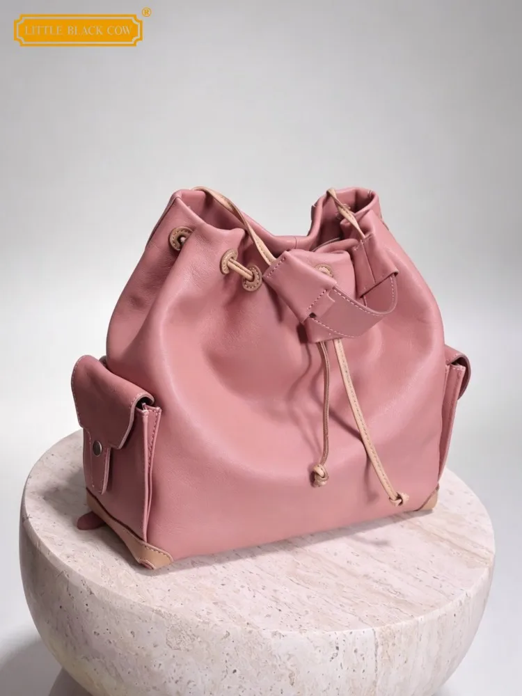 Women Genuine Leather Single Shoulder Bag Versatile Drawstring Bucket Bags Fashion High Quality Handmade Real Cowhide Handbag