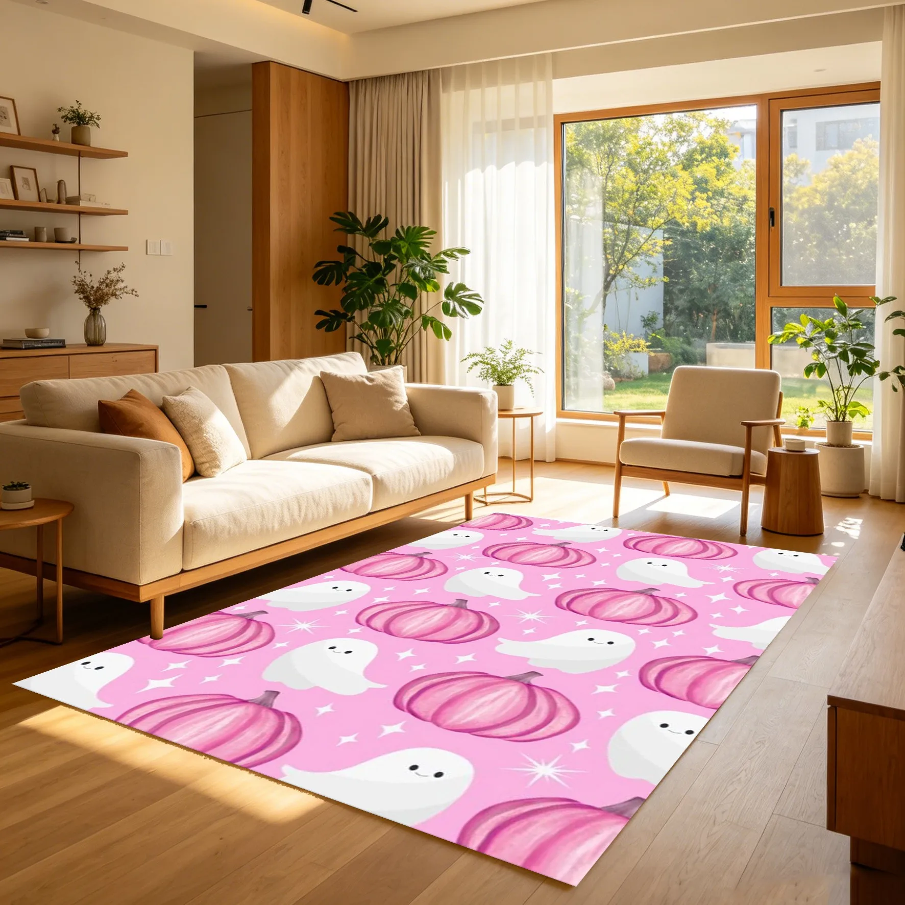 2D Large Rug with Cute Ghost Pumpkin and Autumn Leaf Prints in a Soothing Watercolor Style, Soft and Fresh, Creating a Warm and