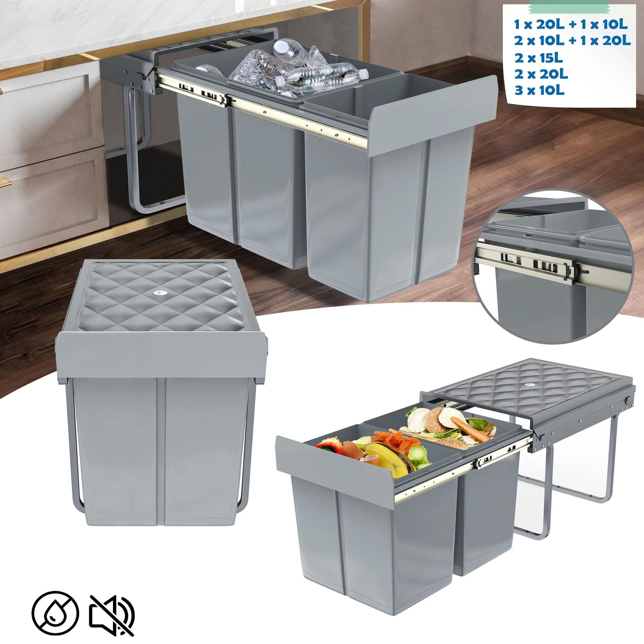 Cestino da cucina estraibile da incasso sotto il lavello, da 30L / 40L, con chiusura ammortizzata, cestino per la raccolta differenziata con secchi interni rimovibili, facile da installare,