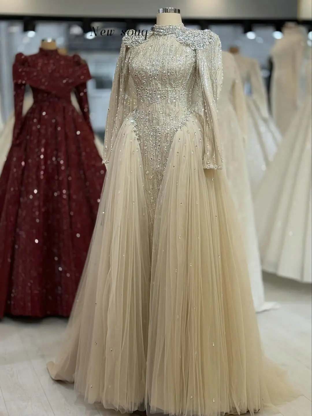 

Customized 2026 Nude Beaded Long Sleeves A-Line Evening Dresses Middle East Formal Hijab Modest Muslim Women Wedding Party Gowns