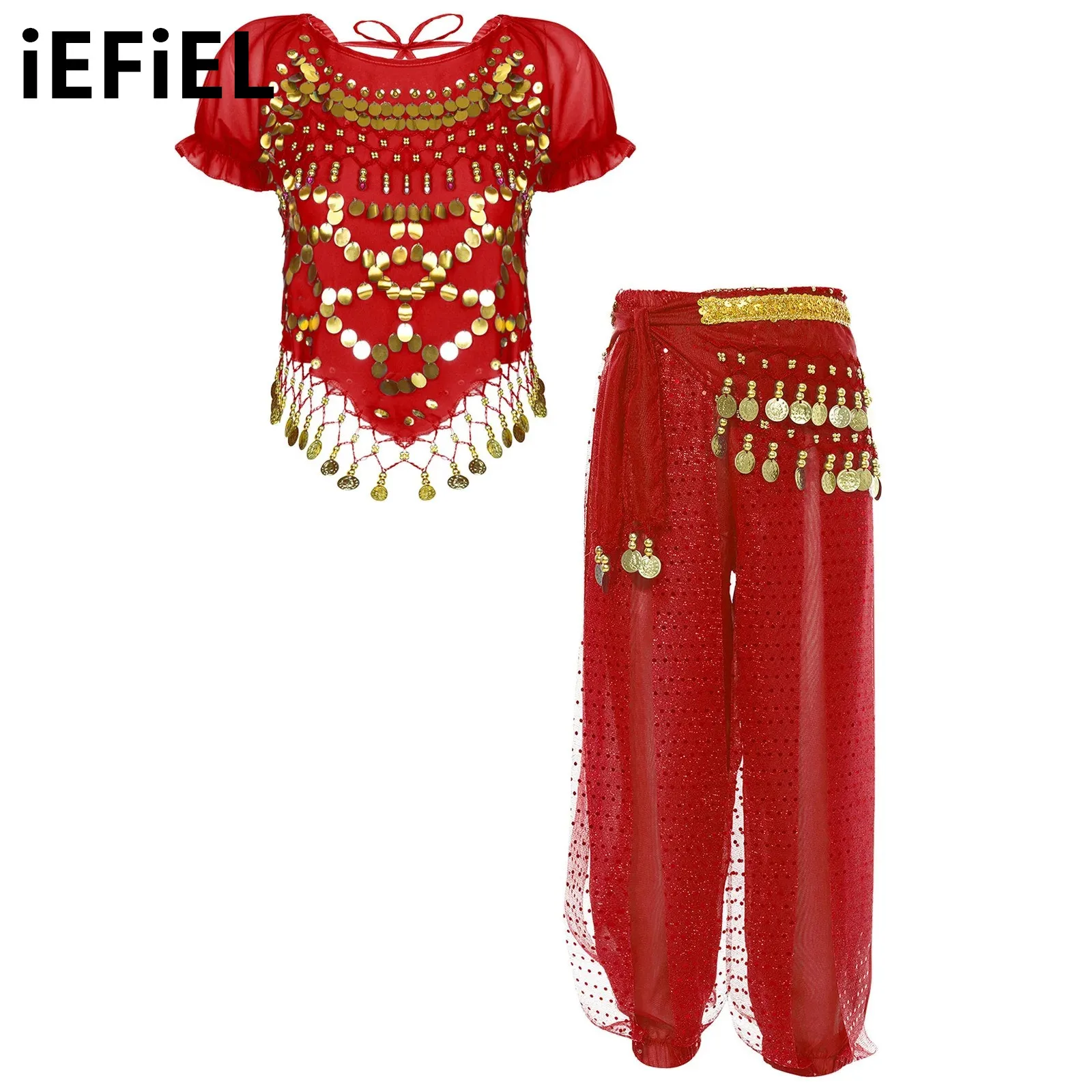 

Kids Girls Belly Sets Short Puff Sleeve Dance Tops Self-Tie Back Tassels Irregular Hem Crop Top Bloomers Pants Waist Chain