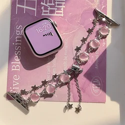 Pink Cat's Eye Stone Bracelet Beaded Strap Compatible with Apple Watch Series 9 8 7 6 5 4 3 2 1, Cute Women Handmade Beaded Stra