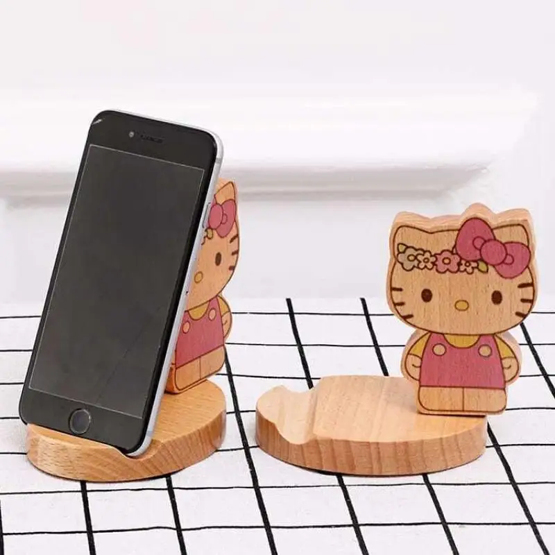 Kawaii Sanrio Hello Kitty Desk Mobile Phone Holder Stand for Wooden Iphone Ipad Tablet Holder Universal Table Cell Phone Stand