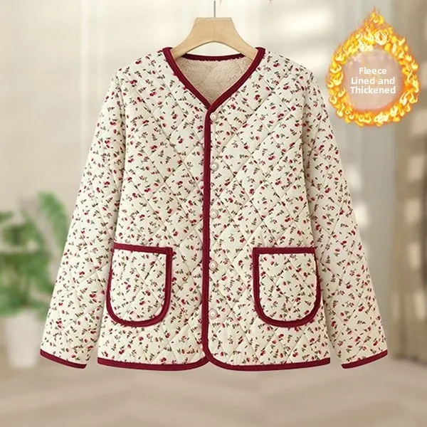 سترة قطنية زهرية جديدة لعام 2025، قصيرة ومبطنة، ملابس خريفية وشتوية للنساء في منتصف العمر، أسلوب عصري للأمهات مبطن بالصوف