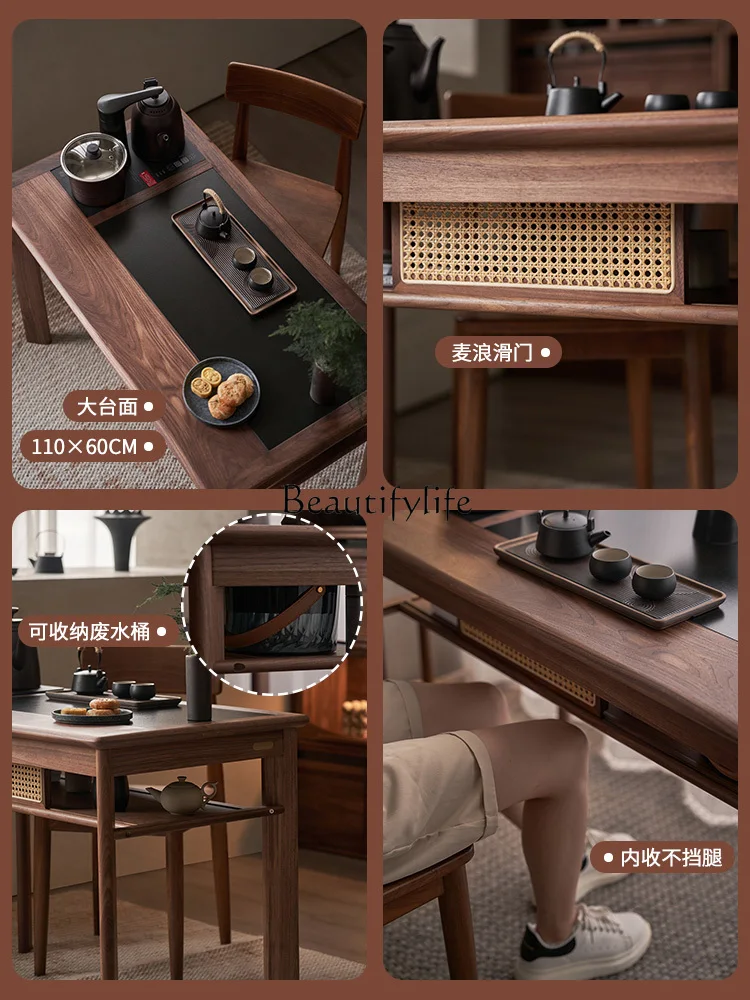 New Chinese Style Solid Wood Small Tea Table Kettle Embedded Black Walnut Stone Plate Balcony Tea Making Table