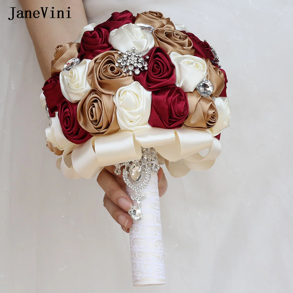 JaneVini Silver Crystal Brooch Bridal Bouquets European Dark Red khaki Wedding Flowers Satin Roses Artificial Bridesmaid Bouquet