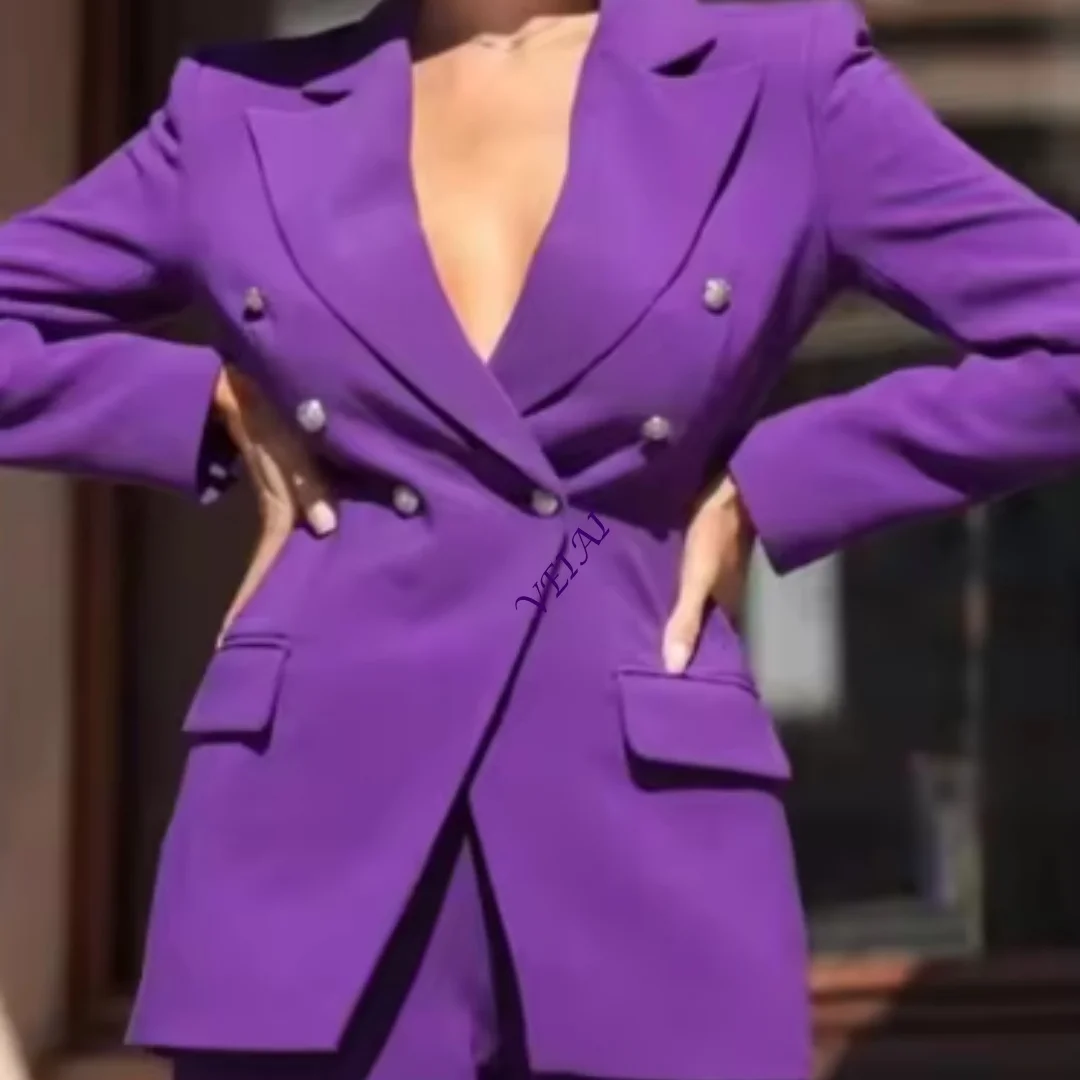 CustomizedPurple Pants Sets 2 Pieces Double Breasted Peak Lapel Tuxedo Prom Party Fashion Daily Casual Office Women Suits (Blaze