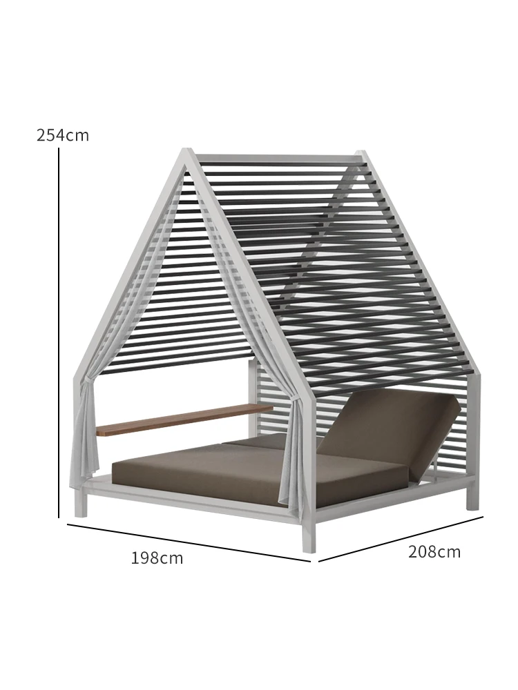 Outdoor wooden house lying bed, simple Nordic solid wood resort B&B villa, light luxury rattan bed