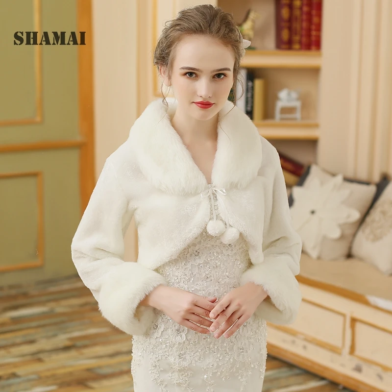 Customized women Winter Long Sleeve Cheap Bridal Jackets Warm Fur Boleros Wedding shrug stole faux fur bridal jacket