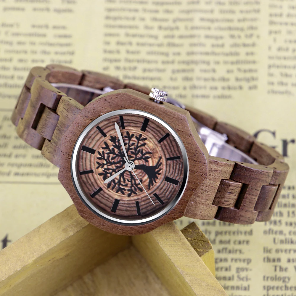 Tree of Life Relief Pattern Wood Quartz Watch Fashion Haute Couture Lightweight Folding Buckle Wooden Strap Men's Business Watch