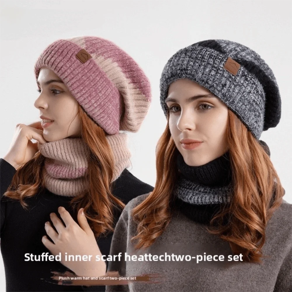 soft Winter Beanie Hat Scarf Set Stylish Design Thicken Thermal Knit Cap Thermal Protection Fleece Lined Warm Wool Hat