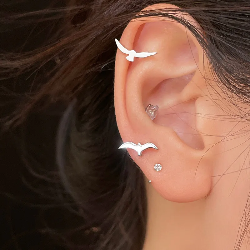 Silver Plated Creative Ear Hole Earring for Women Seagulls Korean Style Small Earrings Allergy Earrings Fine Jewelry Accessories