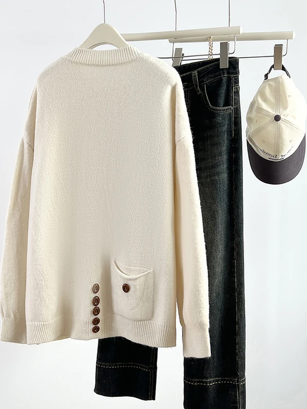 Loose round Ne Knitted Sweater Pure Color Open Cardigan Women's Autumn Winter New Sle Simple Korean Sle Tagl