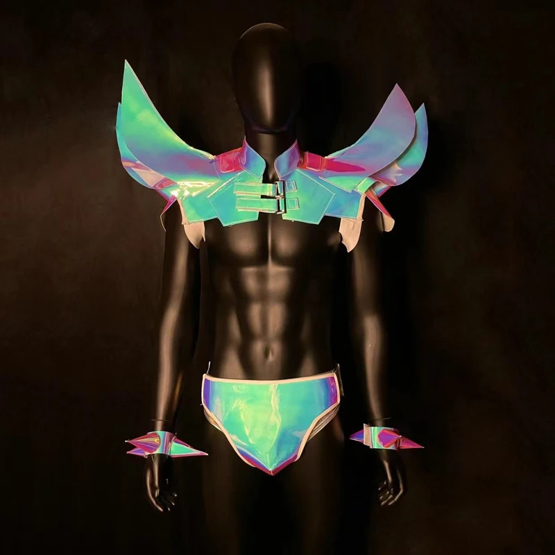 Colorful Laser Flying Shoulder Top Shorts Sexy Gogo Dancer Costume Men Dj Ds Pole Dance Clothing Muscle Man Stage Outfit XS7006