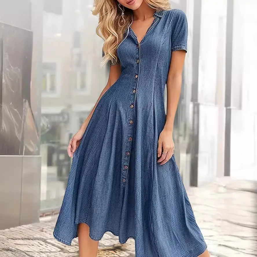 V-neck Single Breasted Denim Shirt Dress for Women Harajuku Summer Party Long Dresses Elegant Short-sleeved Slim-fit Denim Dress