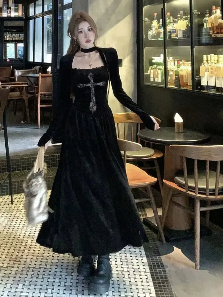 

Французское элегантное женское платье с высокой талией и длинными рукавами, осеннее винтажное кружевное лоскутное черное облегающее длинное платье, модная новая женская юбка
