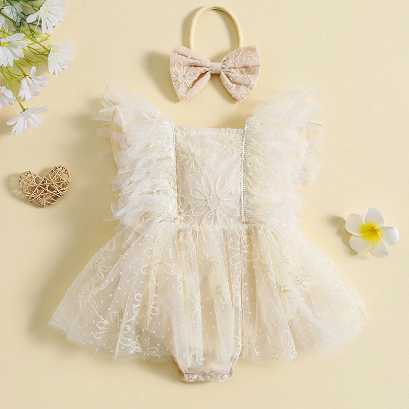 Baby Girl Two Piece Outfits Summer Floral Mesh Suspender Romper Stretch Headband Cute Baby Princess Bodysuits Jumpsuit Clothes