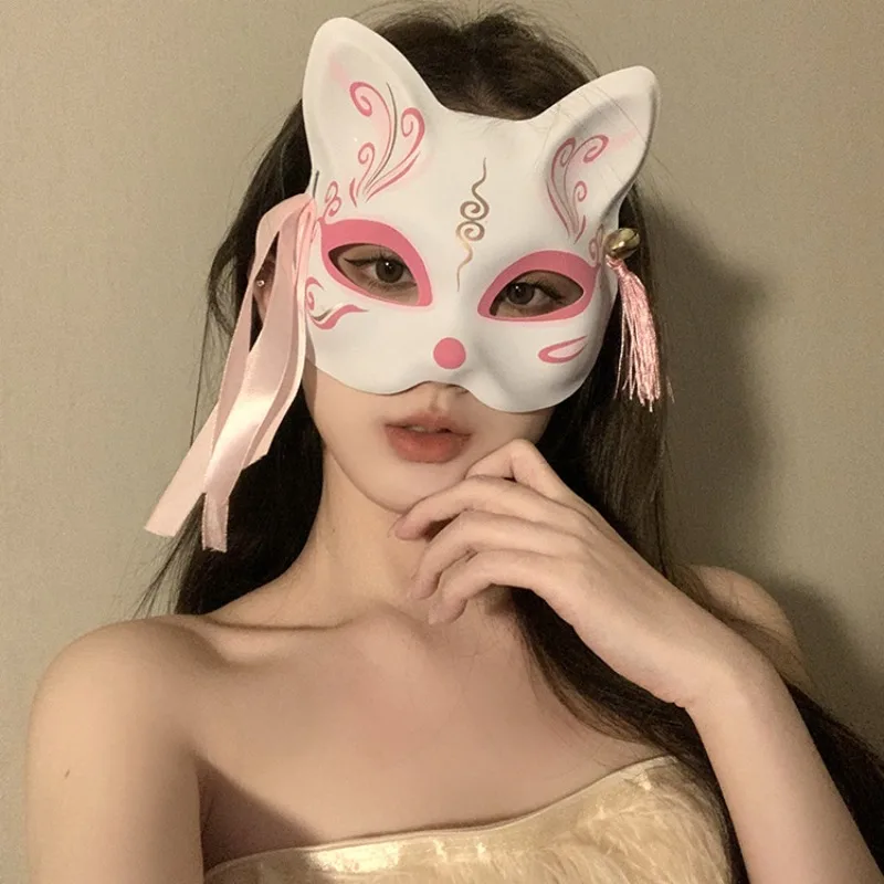 Japanese Mask Half Face Hand-painted Cat Fox Mask Anime Demon Slayer Masquerade Halloween Festival Cosplay Prop New Year Gifts