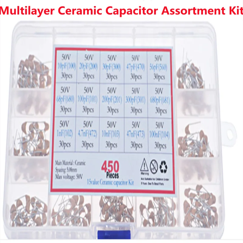 450pcs/Lot Multilayer Ceramic Capacitor Assortment Kit 50v10pF 20pF 47pF 56pF 68pF 100pF 200pF 1nF 4.7nF 10nF 47nF 100nF 15value