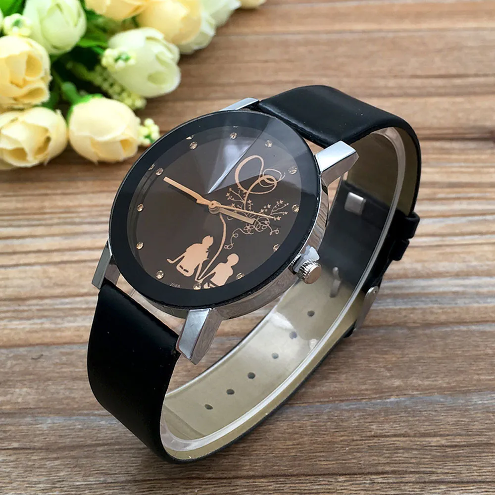 

2PCS Couple's Watches Fashion Water Diamond Leather Strap Elegant Fashion Women Men Circular Simple Scale Dial Quartz Watch