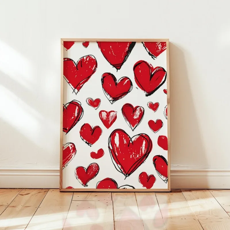 

2D/Flat Frameless Red Hearts Canvas Painting, Modern Trendy Lovecore Wall Art Poster for Living Room Decor Valentine's Day Gift