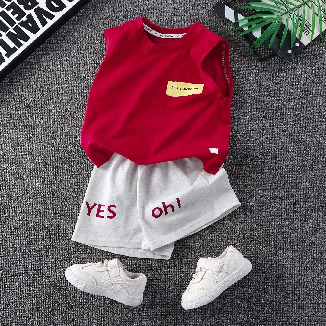 2026 Boys Summer Set New Sleeveless Summer Vest Shirt Boys Kids Two Piece Set Baby Trendy Cool Style