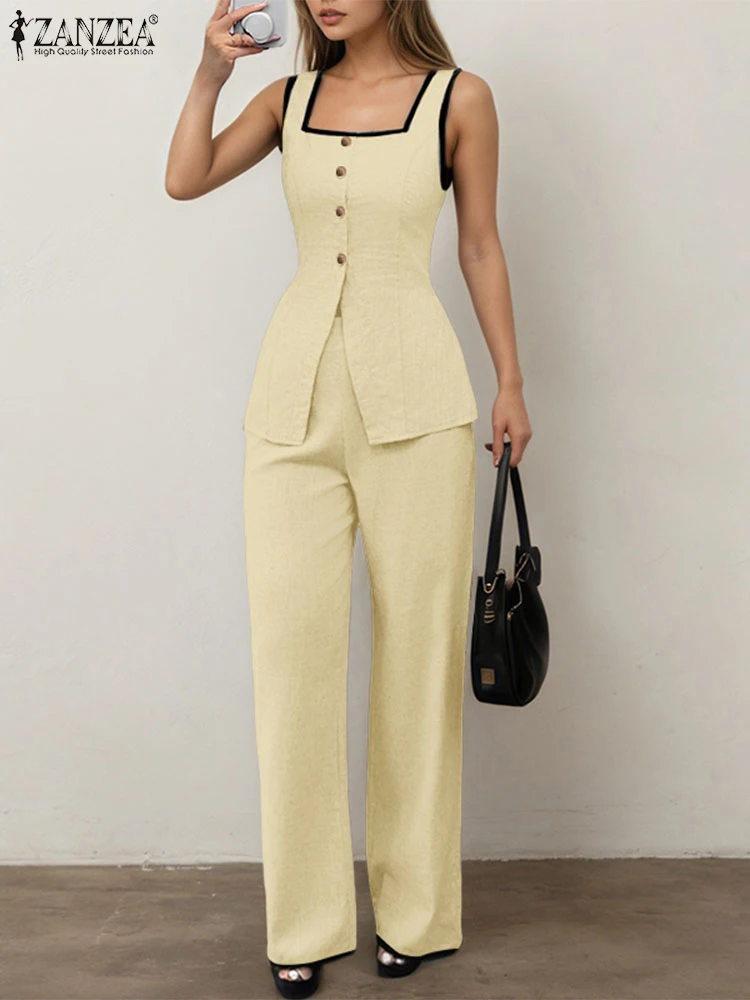 ZANZEA 여성 우아한 2 조각 세트 스퀘어 넥 민소매 탑 & 신축성있는 허리 바지 2pcs 정장 사무실 대비 파이핑 바지 세트