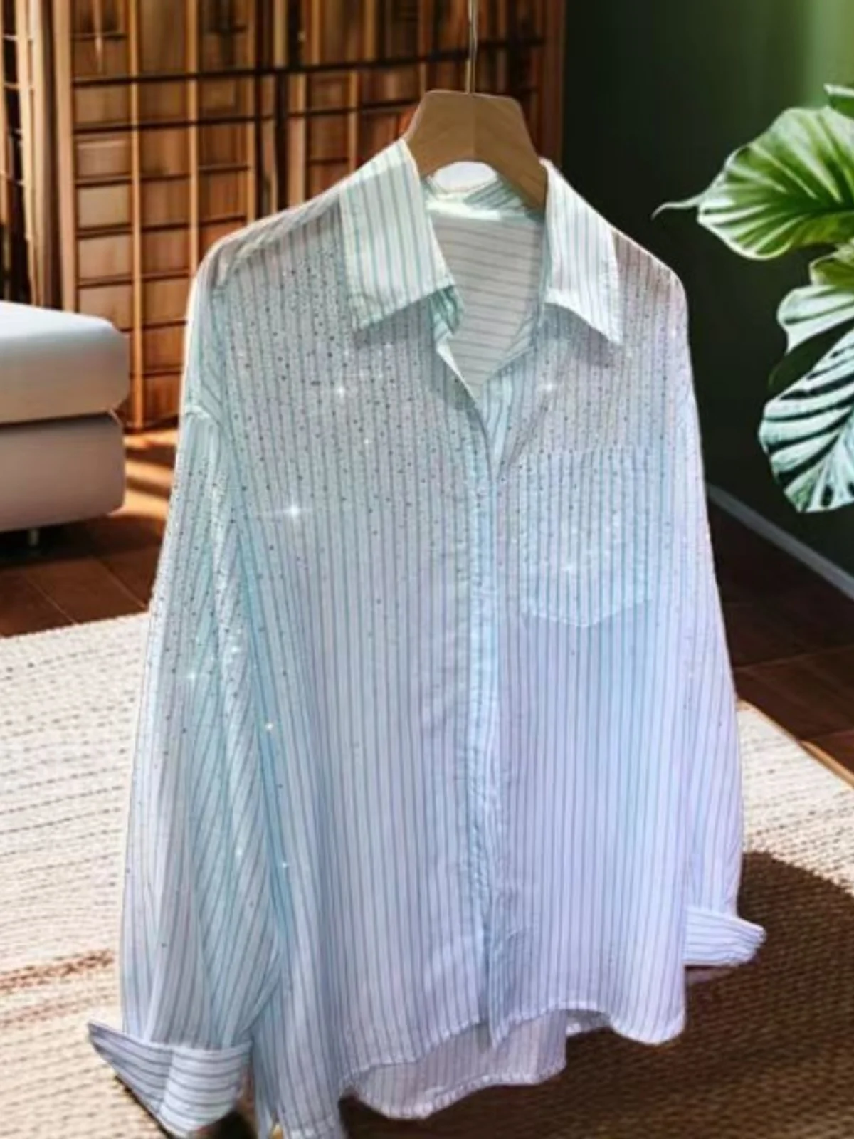 

Женский легкий воротник Heavy Du со стразами, свободный утягивающий полосатый солнцезащитный длинный све Midi irt, летний