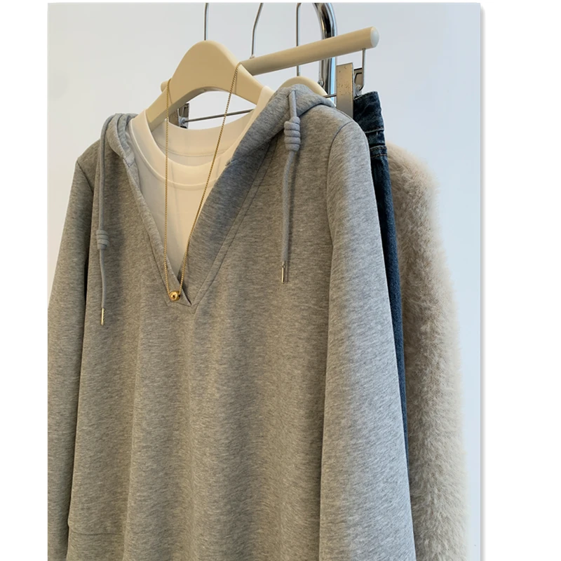 เสื้อฮู้ดคอวีไซส์ใหญ่สำหรับผู้หญิง แบรนด์ Thiened Fce แบบสองชิ้น ใส่สบายๆ สไตล์ลำลอง เหมาะสำหรับฤดูใบไม้ร่วงและฤดูหนาว สตรีทแวร์
