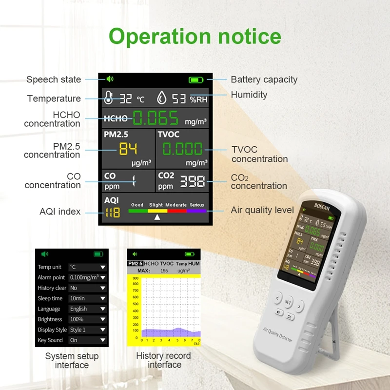 Bosean Digital LCD Air Quality Detector PM2.5 HCHO TVOC CO2 CO Humidity Temperature Tester Home Air Quality Monitor Real Sensor