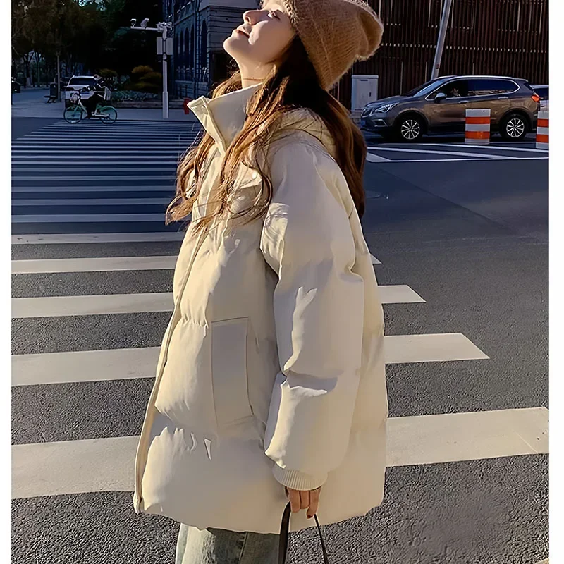 المرأة شتاء دافئ سميكة القطن وسادة مبطنة 2025 الكورية نمط فضفاض مقنعين سترة معطف طويل مع تصميم الخبز #4