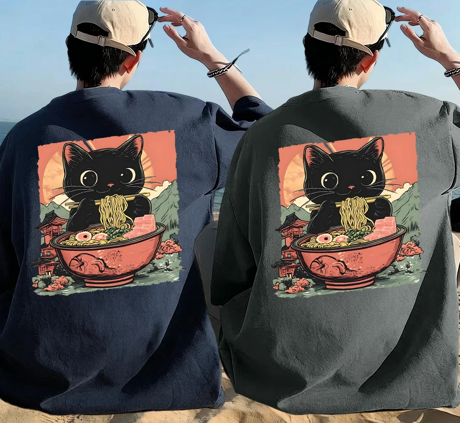 

Retro Cats Like To Eat Lamian Noodles Print Summer Cotton Fashion Top Set Man'S Breathable Street Tee Shirts Soft Sport Clothes