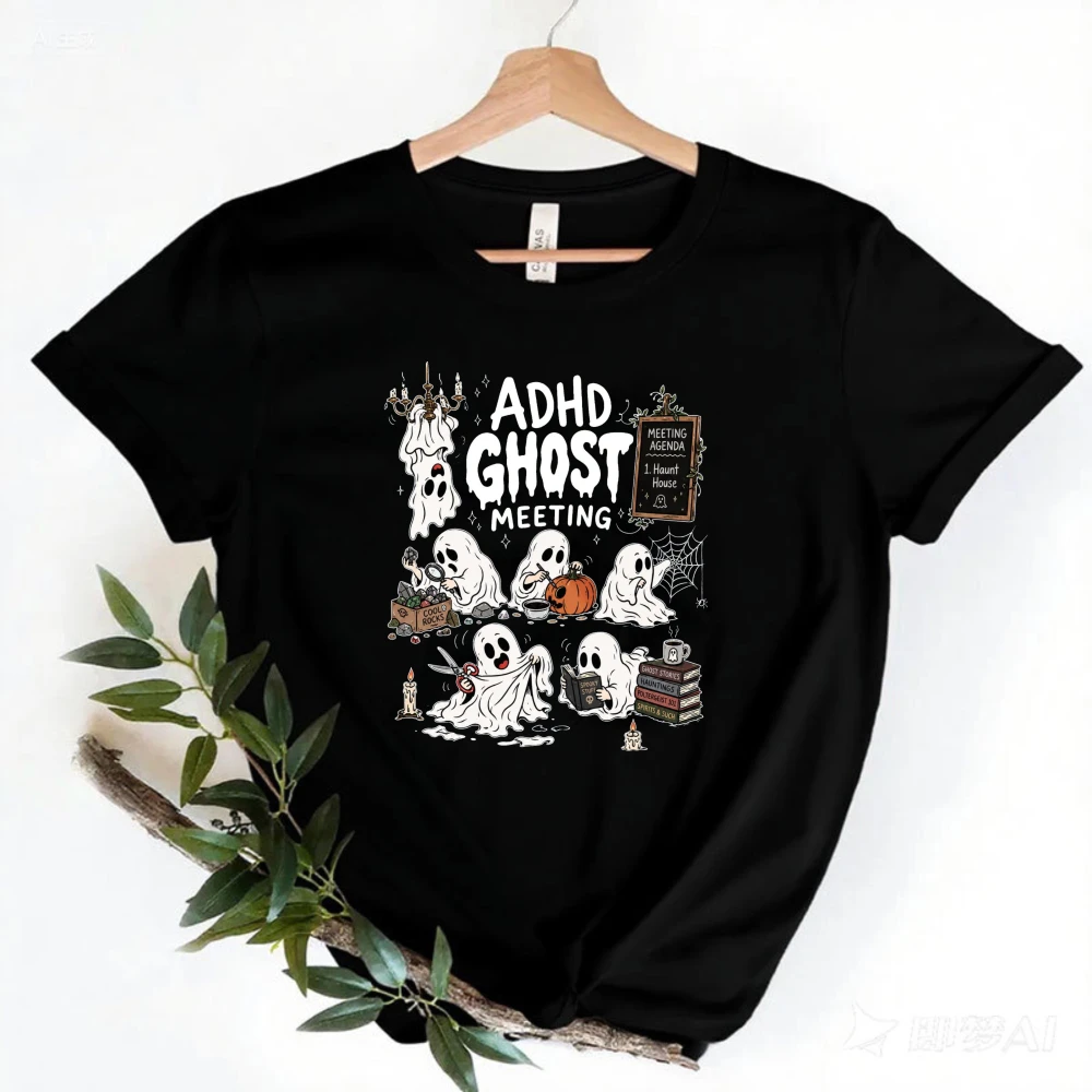 Funny ADHD Ghost Meeting Unisex Tee Fashion Cotton Tops Vintage Quirky Humour Halloween Streetwear Nerd Casual Book Club Tees