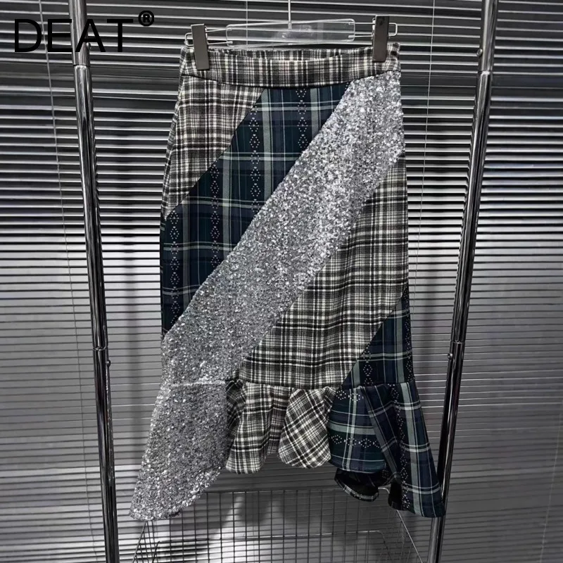 

DEAT Women's Long Skirt Patchwork Plaid Printed Sequins Design Female Wrap Hips Mermaid Skirts 2024 New Fashion Autumn 29L8830