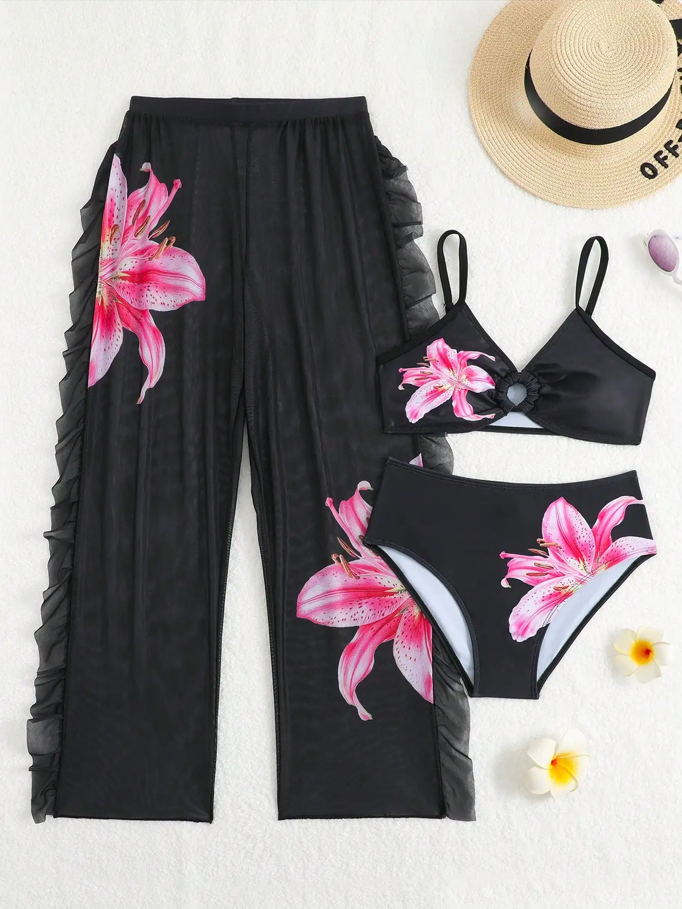 

Women's 3-Piece Floral Print Bikini Set With Sheer Ruffled Pants Black Pink Lily