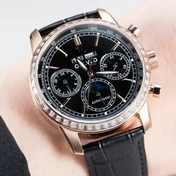 OBLVLO Men Automatic Watch 42mm Mechanical Wristwatch 50M Waterproof Luminous Sapphire Mirror Multi-Dial Month Week Sun-Moon